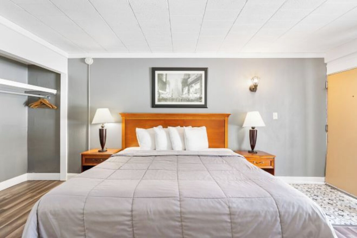 Une chambre d’hôtel avec un grand lit, deux tables de chevet avec des lampes, un tableau encadré au mur et une armoire avec une tringle pour suspendre les vêtements.