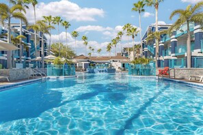 Outdoor pool, open 10:00 AM to 10:00 PM, pool umbrellas, pool loungers