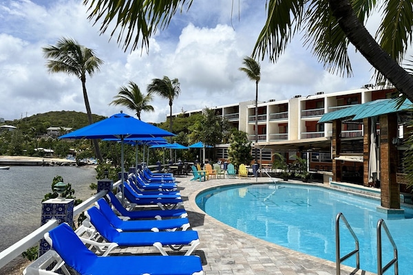 Outdoor pool, pool umbrellas, sun loungers