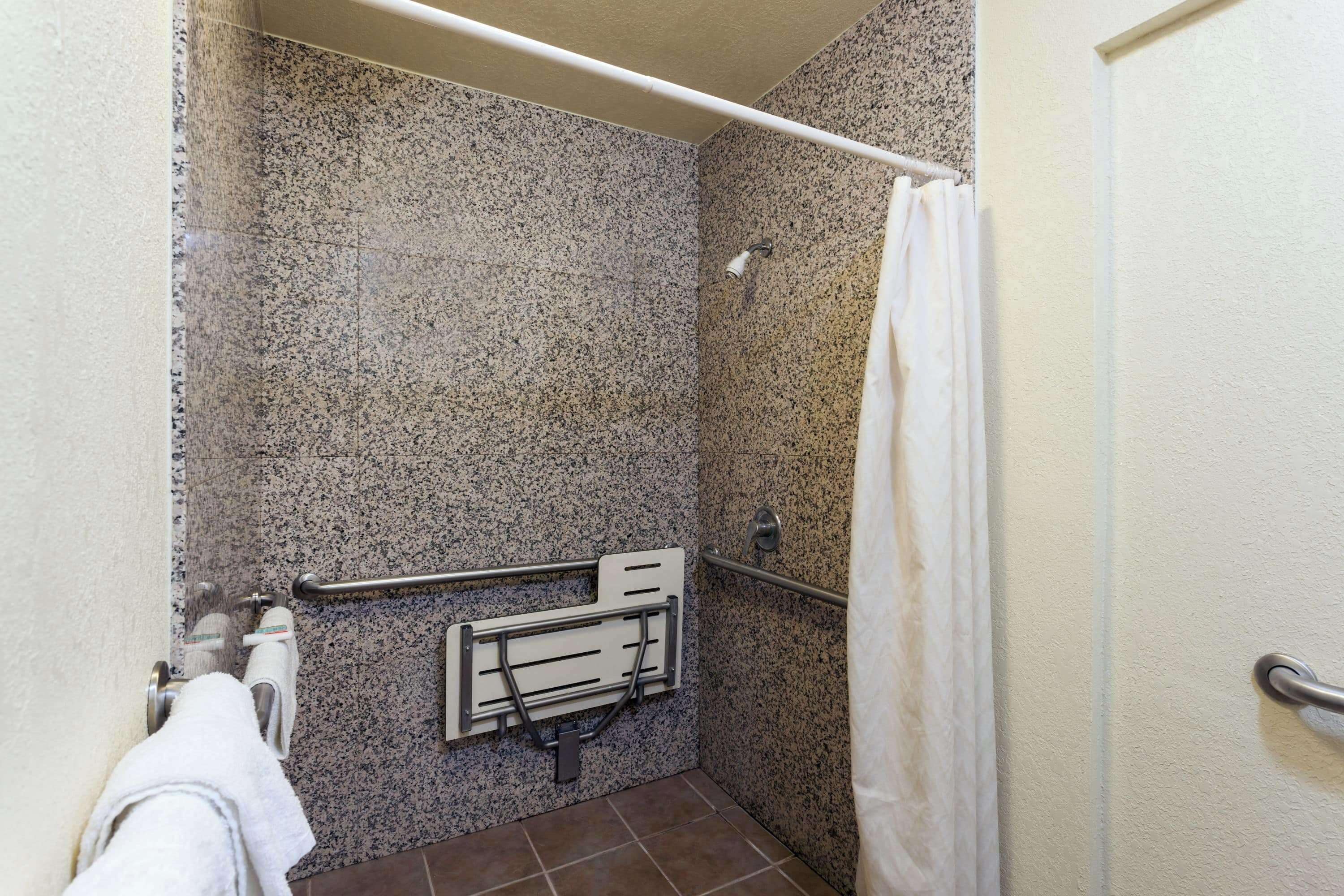 Ein Badezimmer mit Dusche, Haltegriffen und Handtuchhalter.