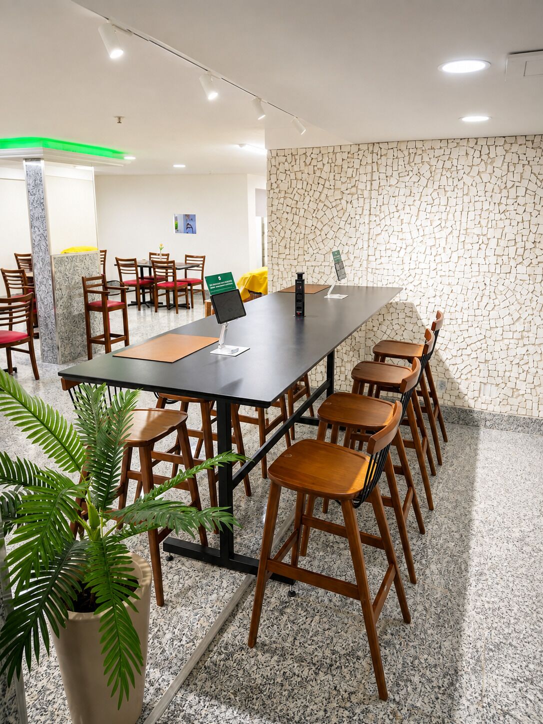 Une salle de conférence avec une longue table, de nombreuses chaises, une plante en pot et un mur décoré d’un motif imitant la pierre.