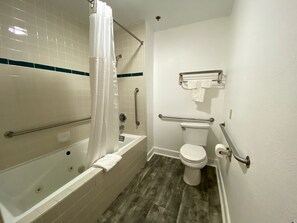 Combined shower/bathtub, free toiletries, hair dryer, towels