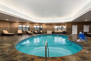 Indoor pool, open 8:00 AM to 10:00 PM, pool loungers