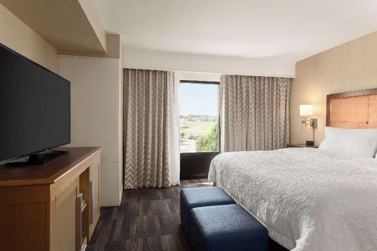 Habitación de hotel con una cama, un televisor sobre un mueble de madera, una ventana con cortinas y una mesita de noche con una lámpara.