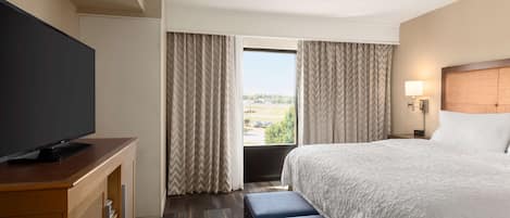 A hotel room with a large bed, a flat-screen TV on a wooden dresser, a bench, and a view of the outdoors through a window.