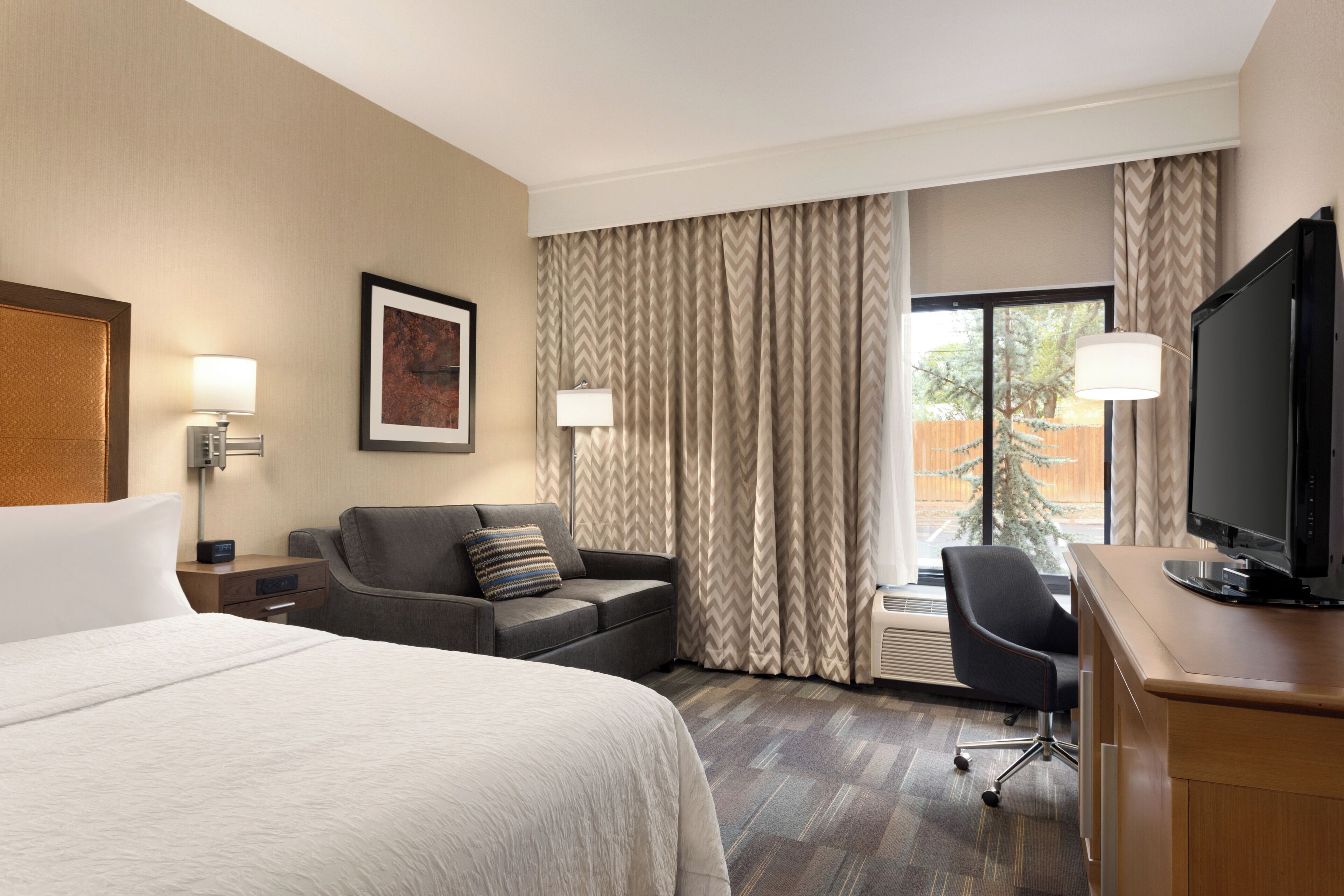 غرفة - سرير كبير مع أريكة سرير - تجهيزات لذوي الاحتياجات الخاصة (Mobility & Hearing, Roll-in Shower) | مكتب ومساحة عمل للكمبيوتر المحمول وستائر تعتيم وتجهيزات عازلة للصوت