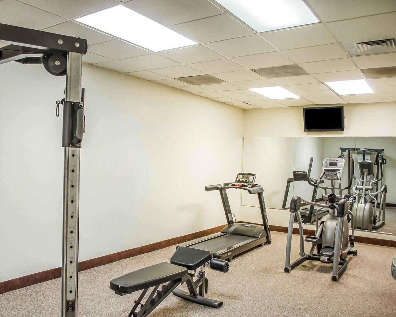 A gym with a treadmill, elliptical, and weight bench.