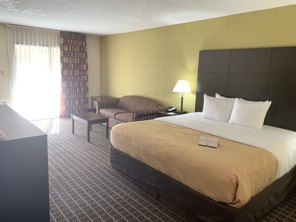 A hotel room with a large bed, a desk, a chair, a lamp, and a window with curtains. - Quality Inn & Suites Pensacola Bayview (Pensacola)