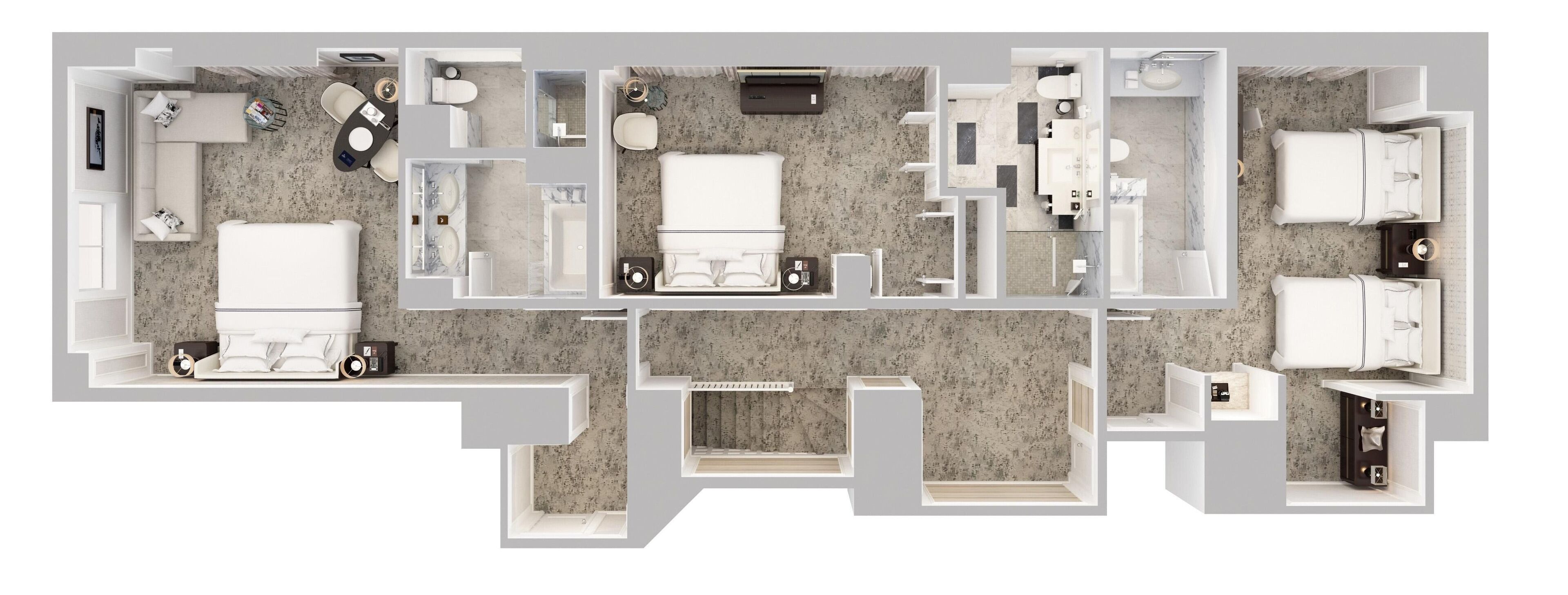A hotel room layout with a bed, two bathrooms, a sitting area, and a kitchenette.
