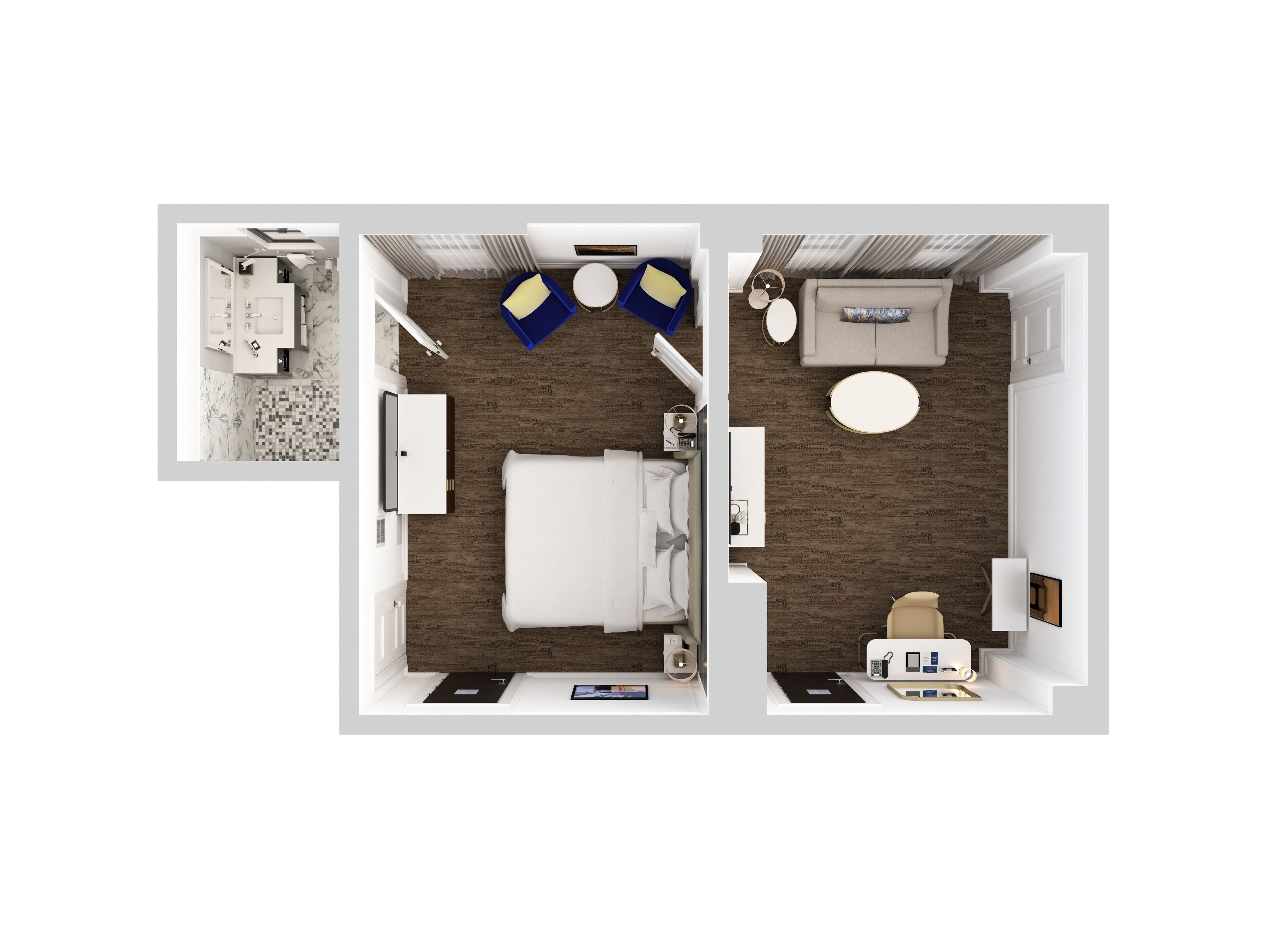 A hotel room with a bed, a desk, a chair, a sofa, and a small table.