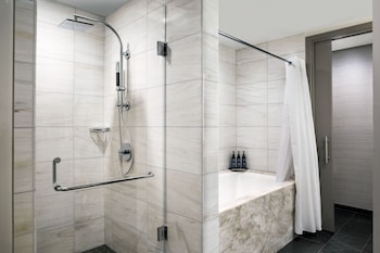 Luxury Room, 1 King Bed, Bay View | Bathroom | Eco-friendly toiletries, hair dryer, bathrobes, towels at The Westin St. Francis San Francisco on Union Square