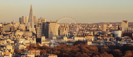 A cityscape with a prominent Ferris wheel, modern skyscrapers, and a mix of historic and contemporary architecture.
