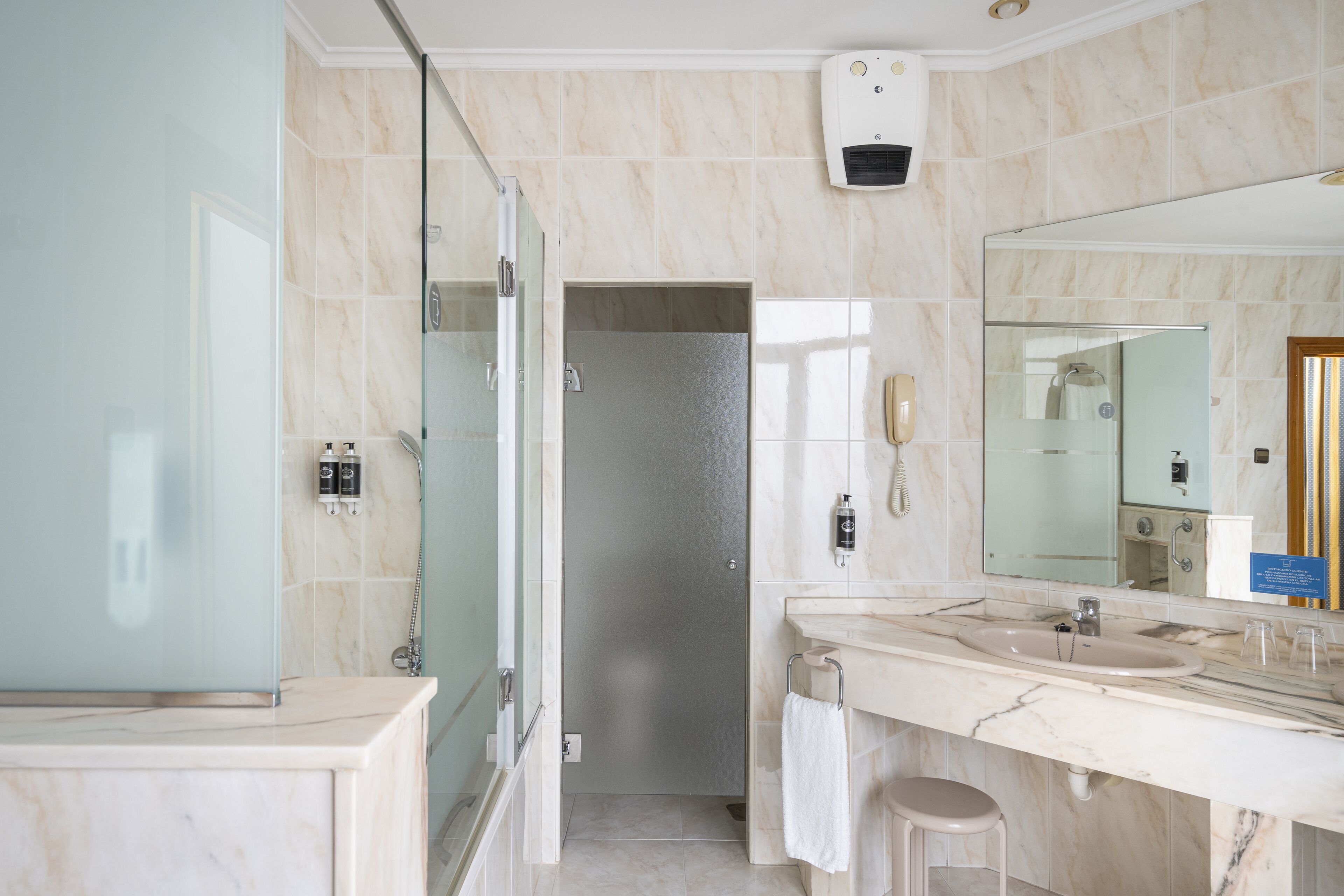 free toiletries, hair dryer, towels