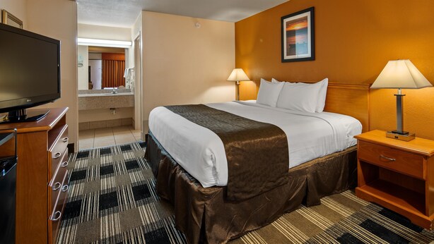 A hotel room with a bed, two bedside lamps, a TV, a wooden nightstand, and a patterned rug. - Best Western Airport (Tulsa)