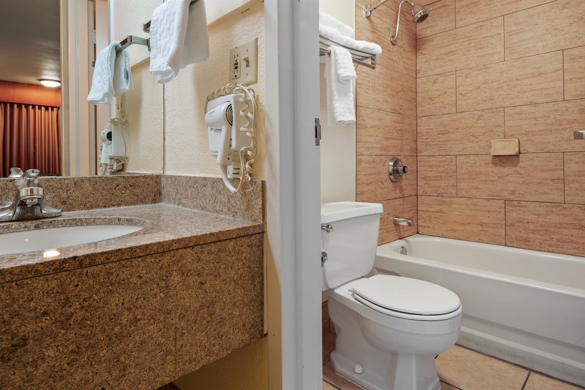 combined shower/bathtub, free toiletries, hair dryer, towels