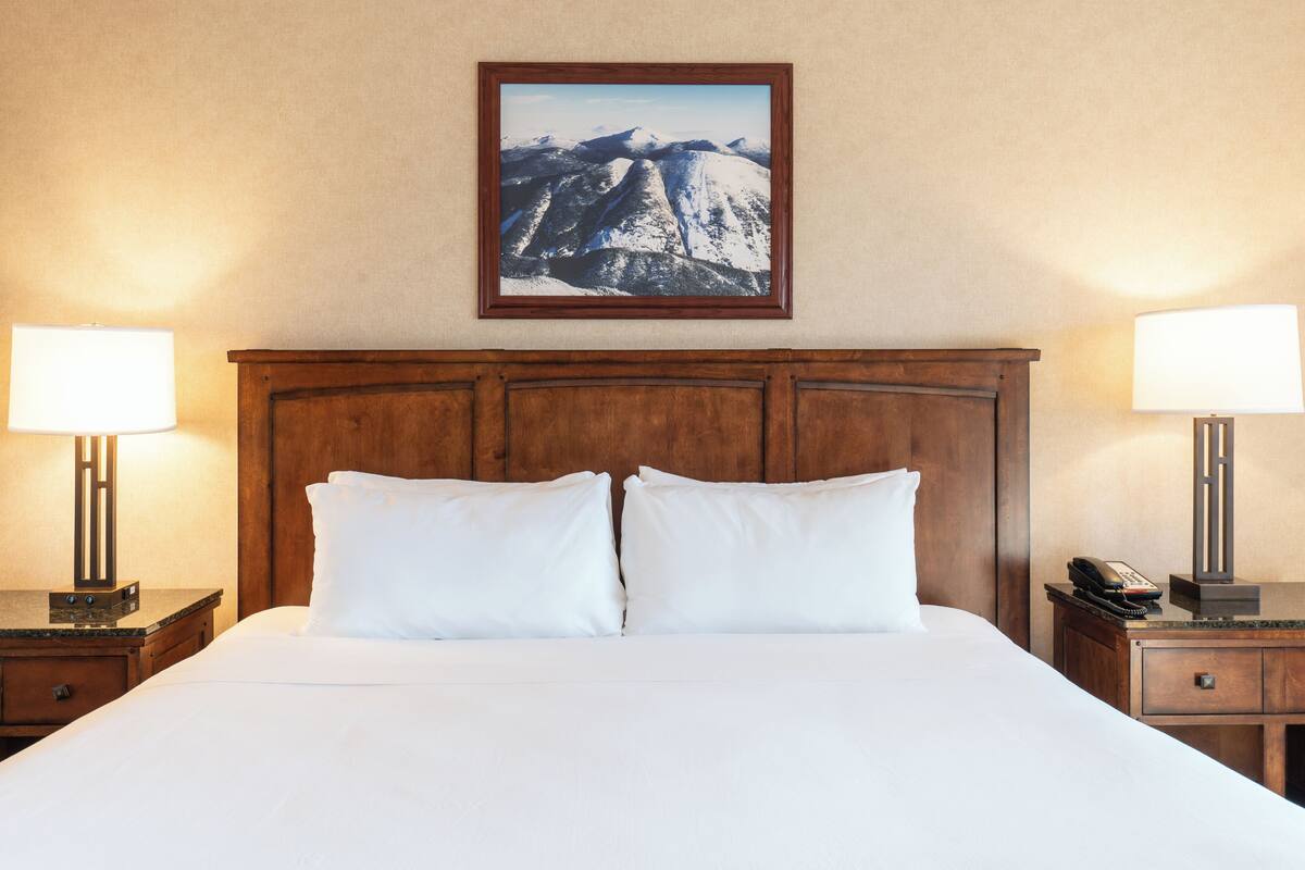 Une chambre d’hôtel avec un grand lit, deux lampes de chevet, une tête de lit en bois et un tableau encadré représentant un paysage de montagne accroché au mur.