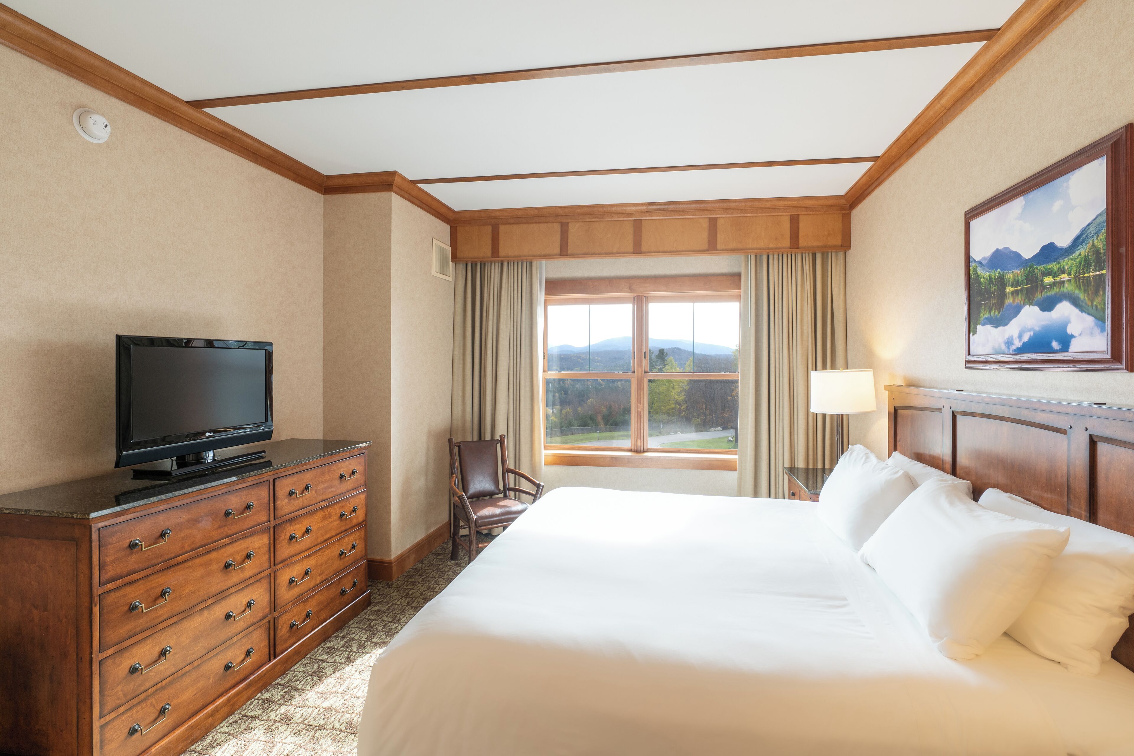 A hotel room with a large bed, a wooden dresser, a television, a chair, a window with a view of mountains, and a painting on the wall.