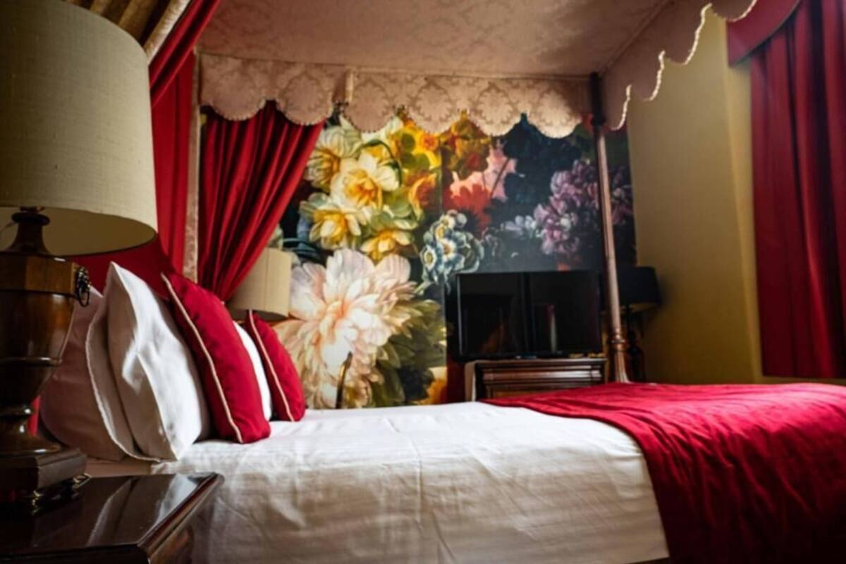 A hotel room with a bed, red curtains, a floral tapestry, and a lamp.