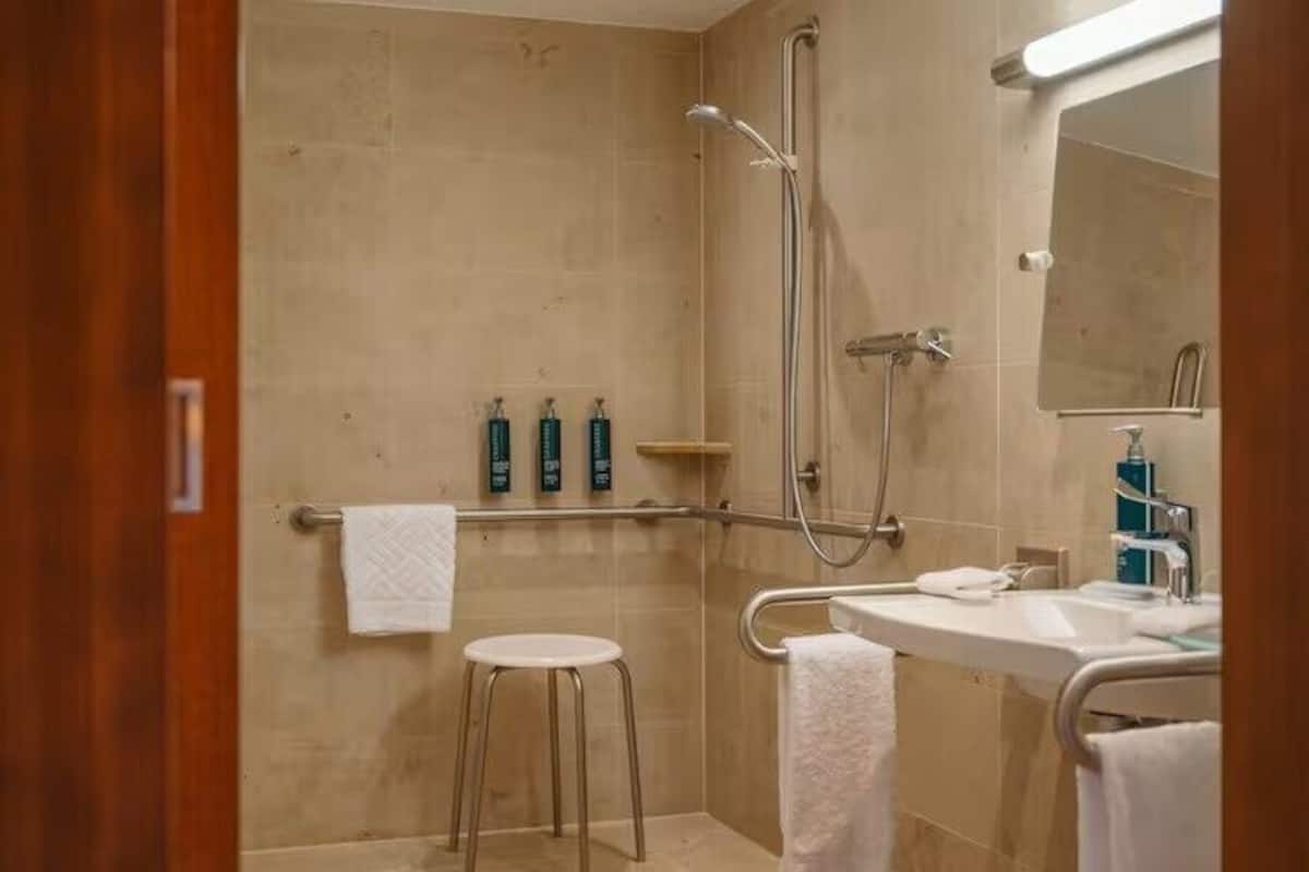 Huone, 1 suuri parisänky, esteetön | Kylpyhuone | Ympäristöystävälliset hygieniatuotteet, hiustenkuivaaja, kylpytakit