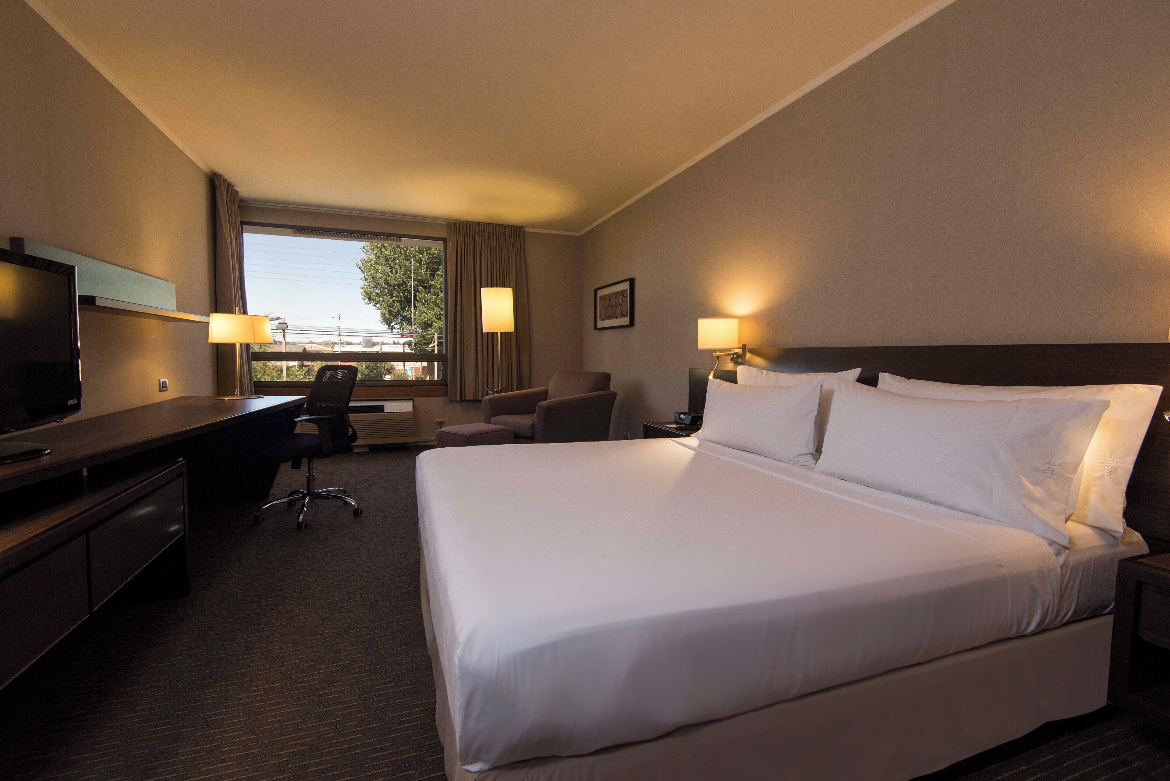 Habitación de hotel con una cama grande, un escritorio, una silla, un televisor y una ventana con cortinas.