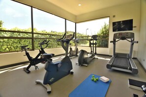 A gym with various exercise equipment, large windows, and a view of greenery.