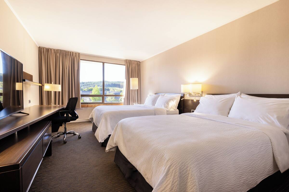 Une chambre d’hôtel avec deux lits, un bureau, une chaise et un téléviseur.