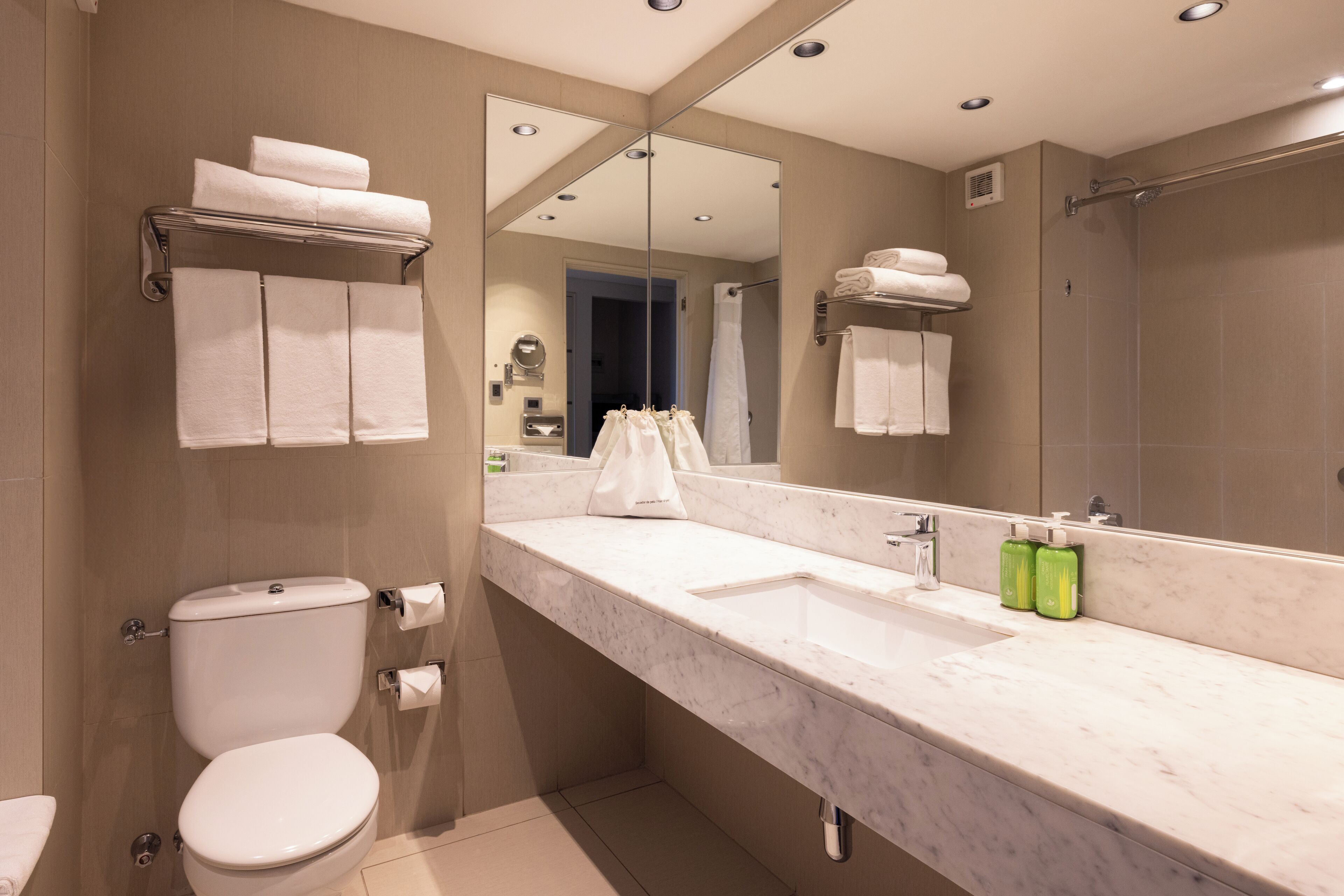 shower, rainfall showerhead, hair dryer, towels