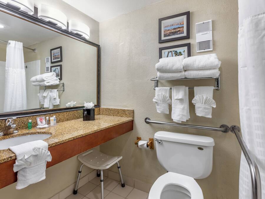Un baño con lavamanos, inodoro y cortina de ducha. Hay toallas y un secamanos en la pared.