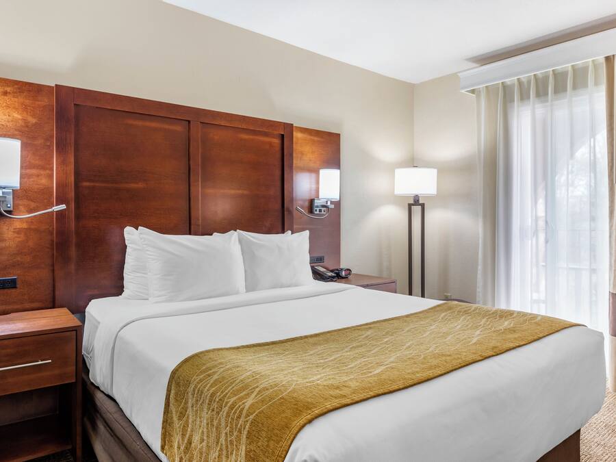 A hotel room with a large bed, a wooden headboard, a bedside table with a lamp, and a window with curtains.