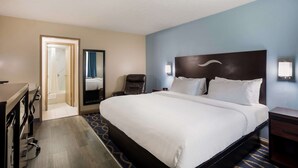 Ein Hotelzimmer mit einem großen Bett, einem Schreibtisch, einem Stuhl, einem Spiegel und einer Badezimmertür.