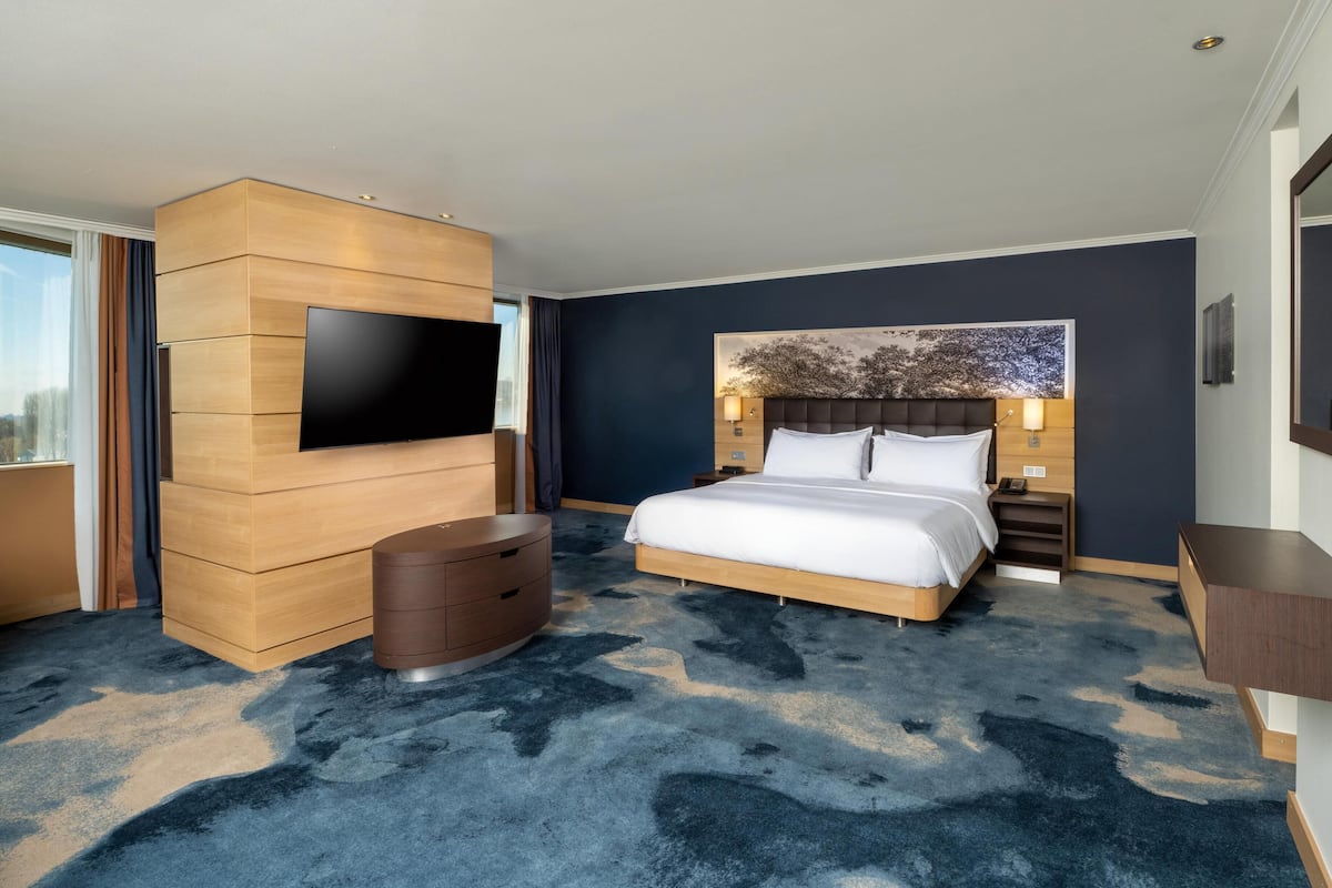 Habitación de hotel con una cama grande, un televisor de pantalla plana, un armario de madera, un cesto de basura redondo y un ventanal amplio.