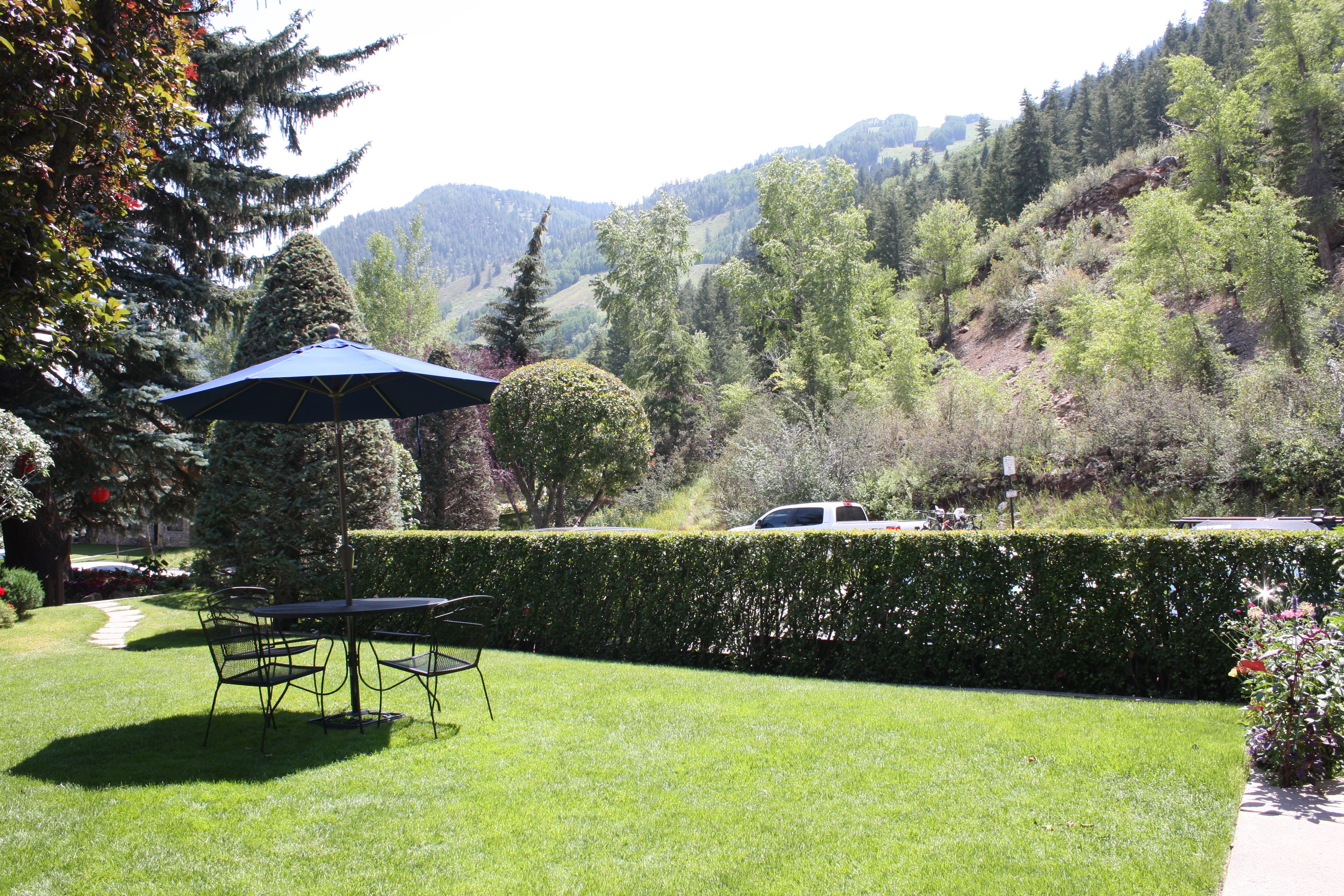 A well-maintained garden with a table and chairs, a hedge, and a mountain backdrop.