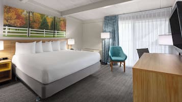 Habitación de hotel con una cama grande, un escritorio, una silla y un televisor.