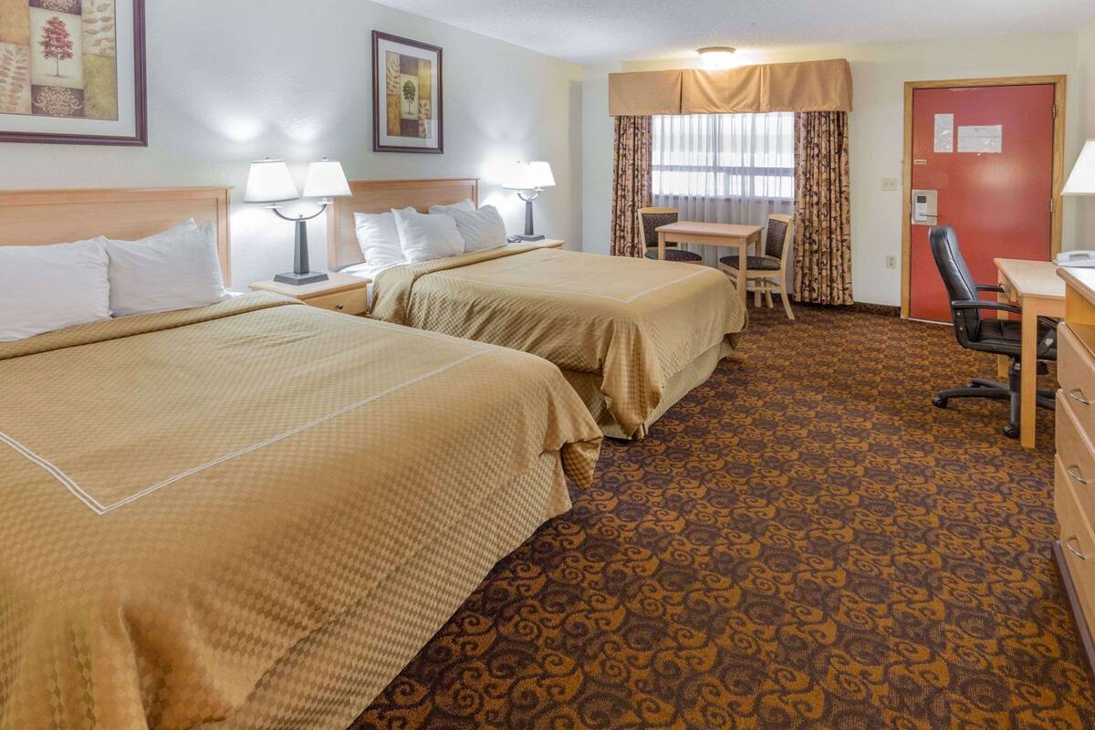 Ein Hotelzimmer mit zwei Betten, einem Schreibtisch, einem Stuhl, einer Lampe und einem gemusterten Teppich.
