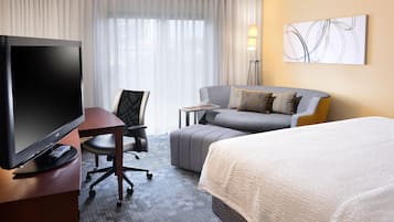 In-room safe, desk, laptop workspace, blackout curtains