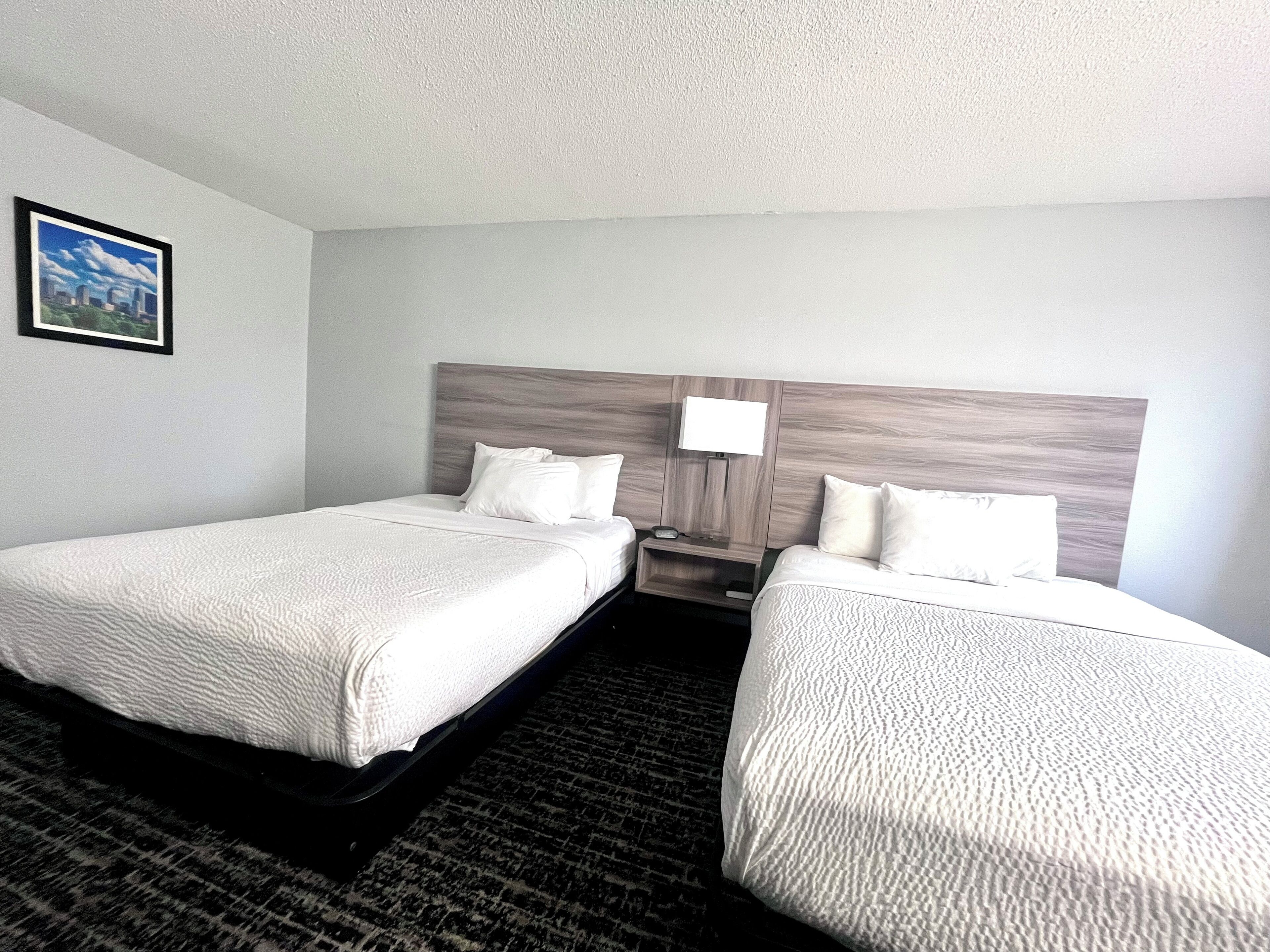 Una habitación de hotel con dos camas, una mesita de noche, una lámpara y un cuadro en la pared.