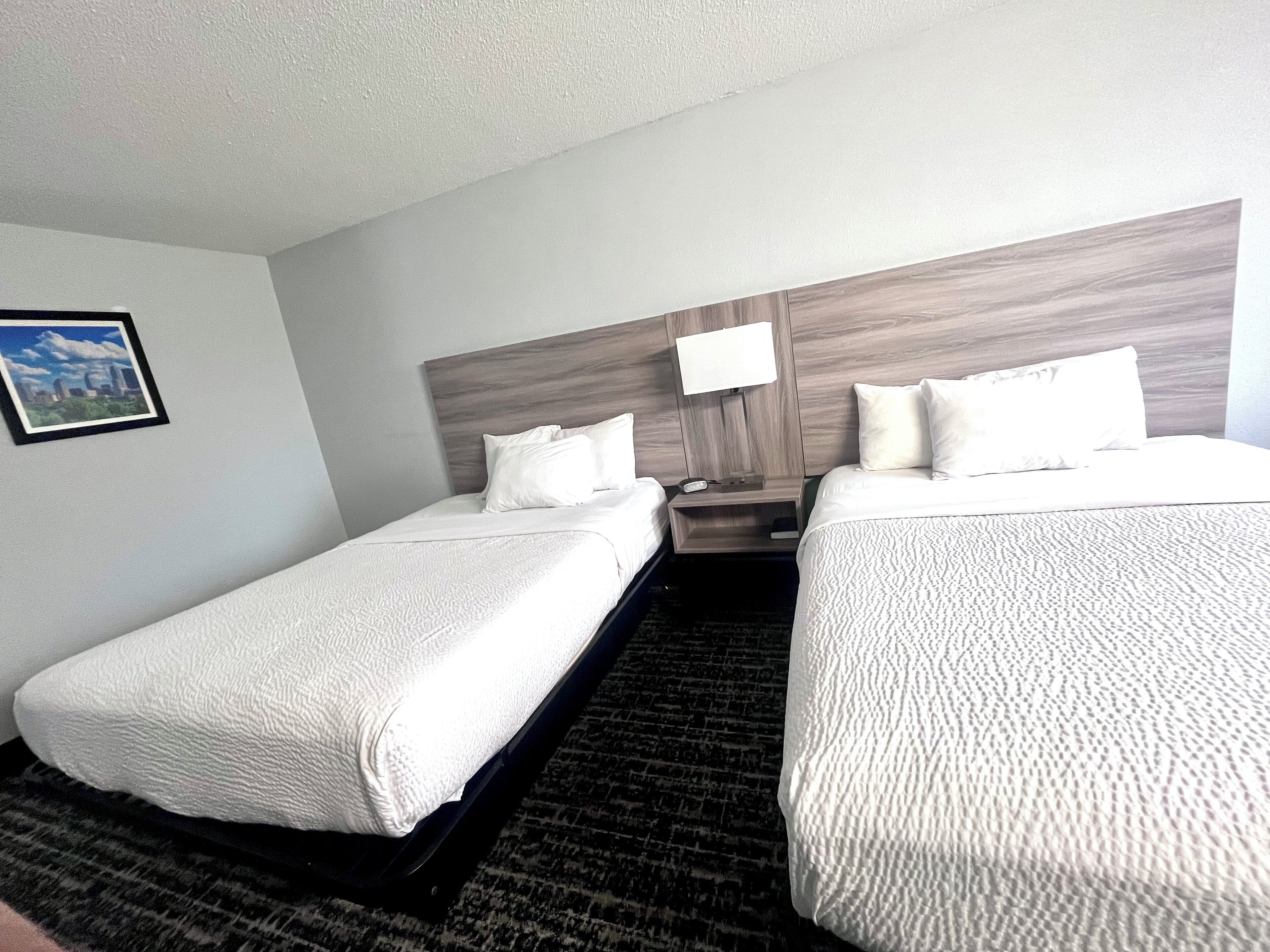 A hotel room with two beds, a nightstand, a lamp, and a framed picture on the wall.