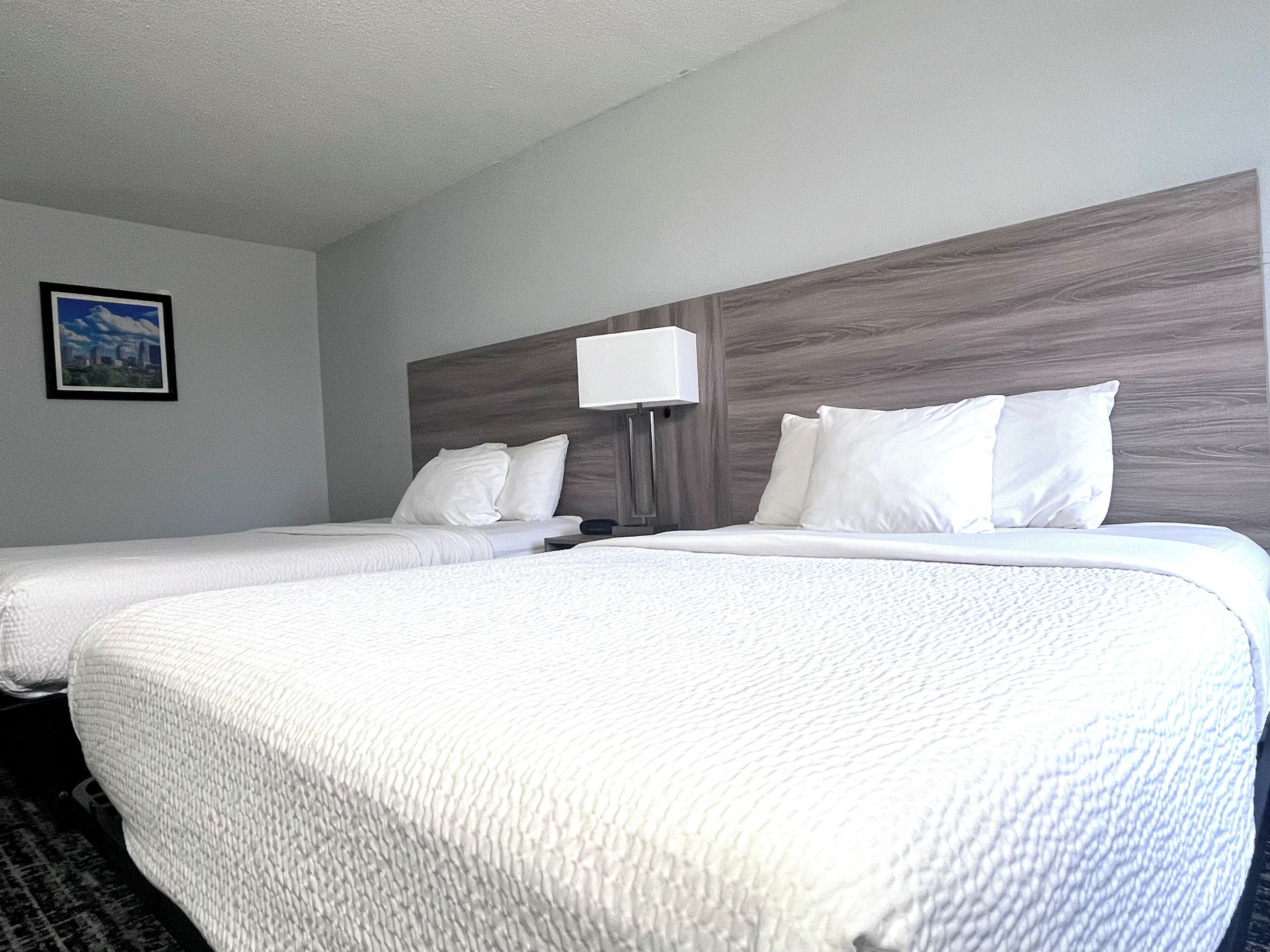 A hotel room with two beds, a nightstand, a lamp, and a framed picture on the wall.