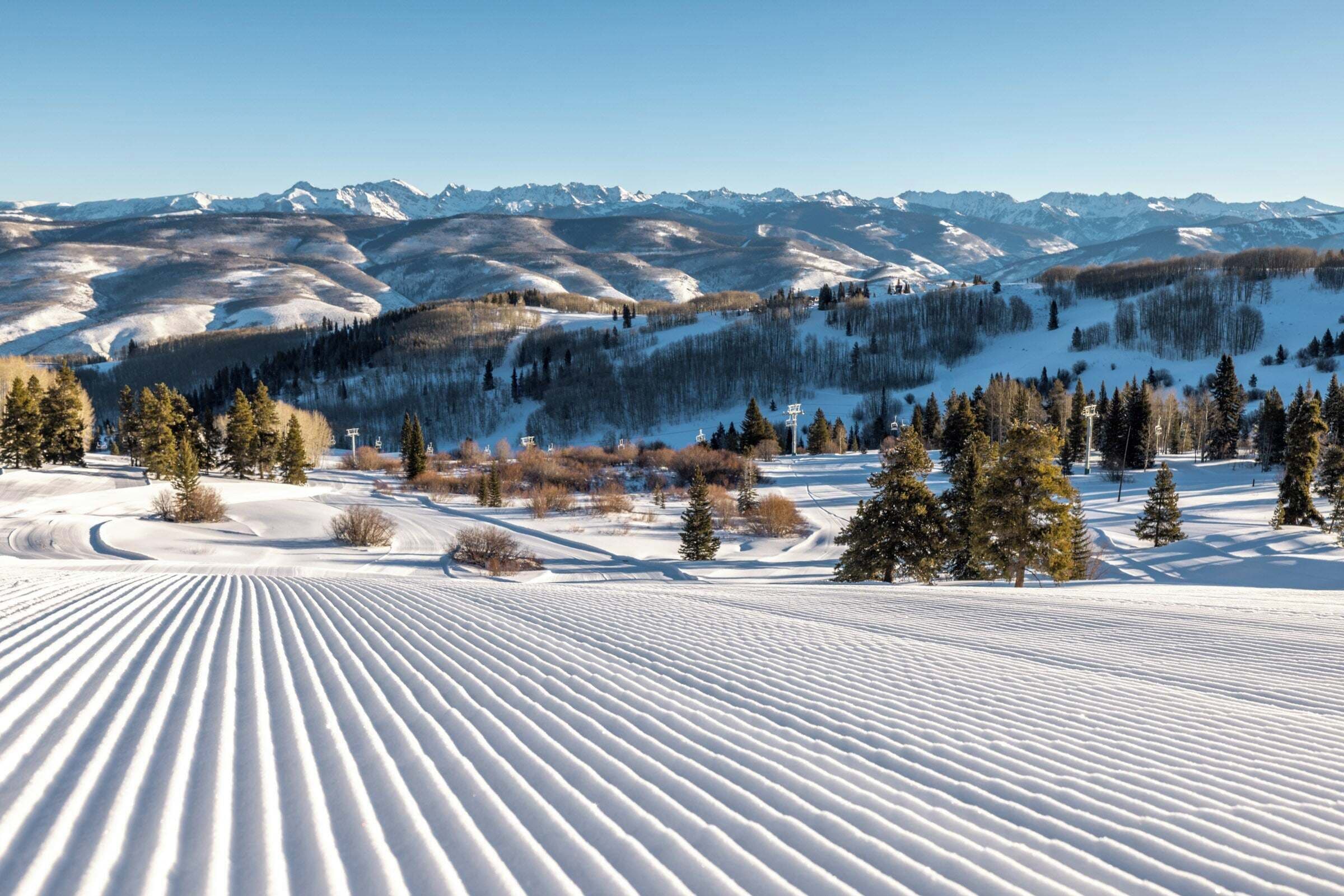 A snow-covered landscape with a ski slope, trees, and distant mountains.