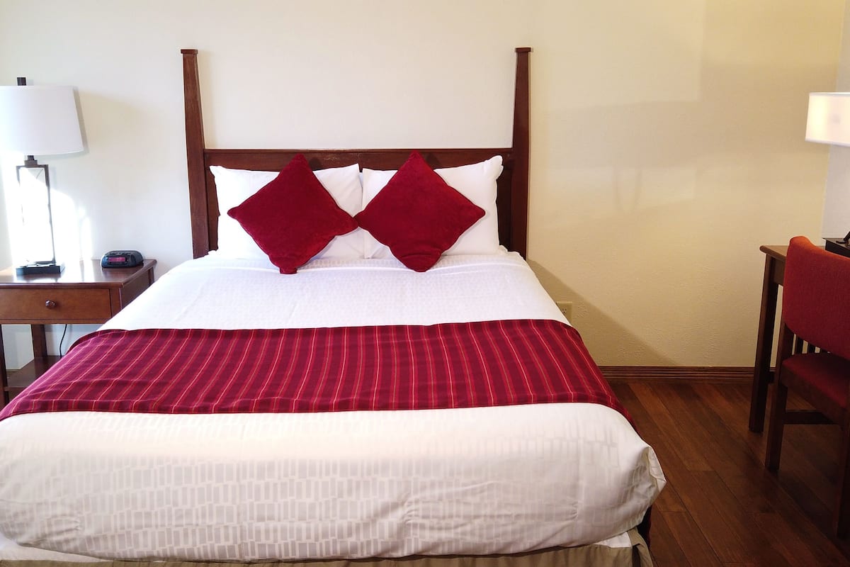 A hotel room with a large bed, a nightstand with a lamp, and a chair.