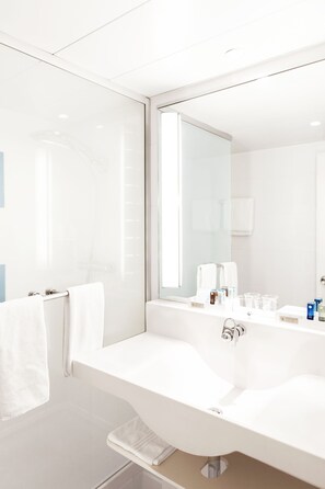 Separate tub and shower, eco-friendly toiletries, hair dryer, towels