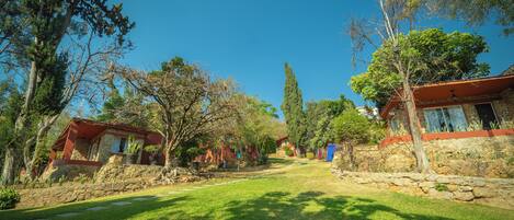 A residential area with stone houses, a clear sky, and a well-maintained lawn.