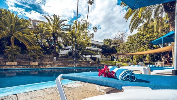 A poolside area with lounge chairs, a flower arrangement, and palm trees. - Hotel Victoria Oaxaca (Oaxaca)