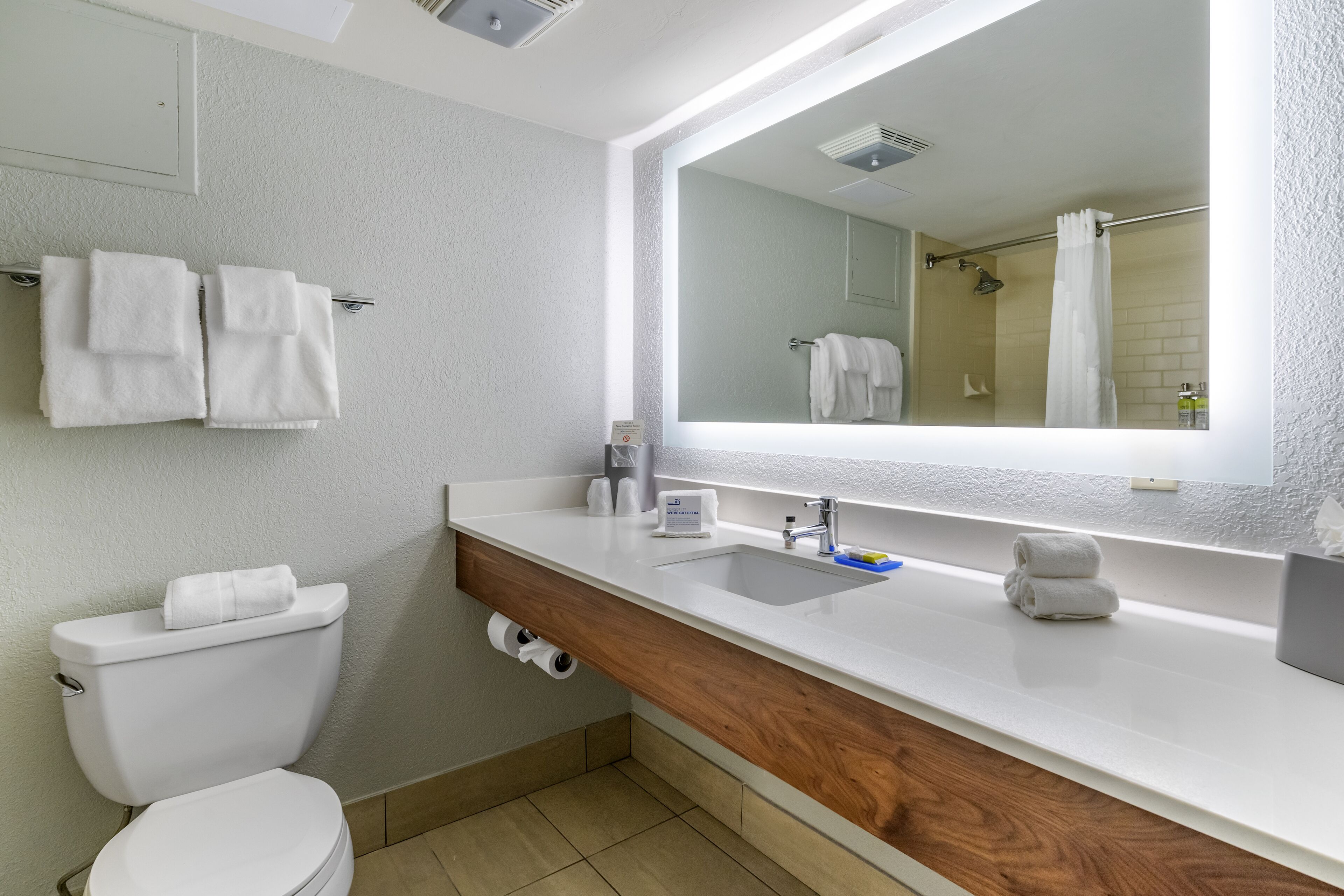 combined shower/bathtub, eco-friendly toiletries, hair dryer, towels