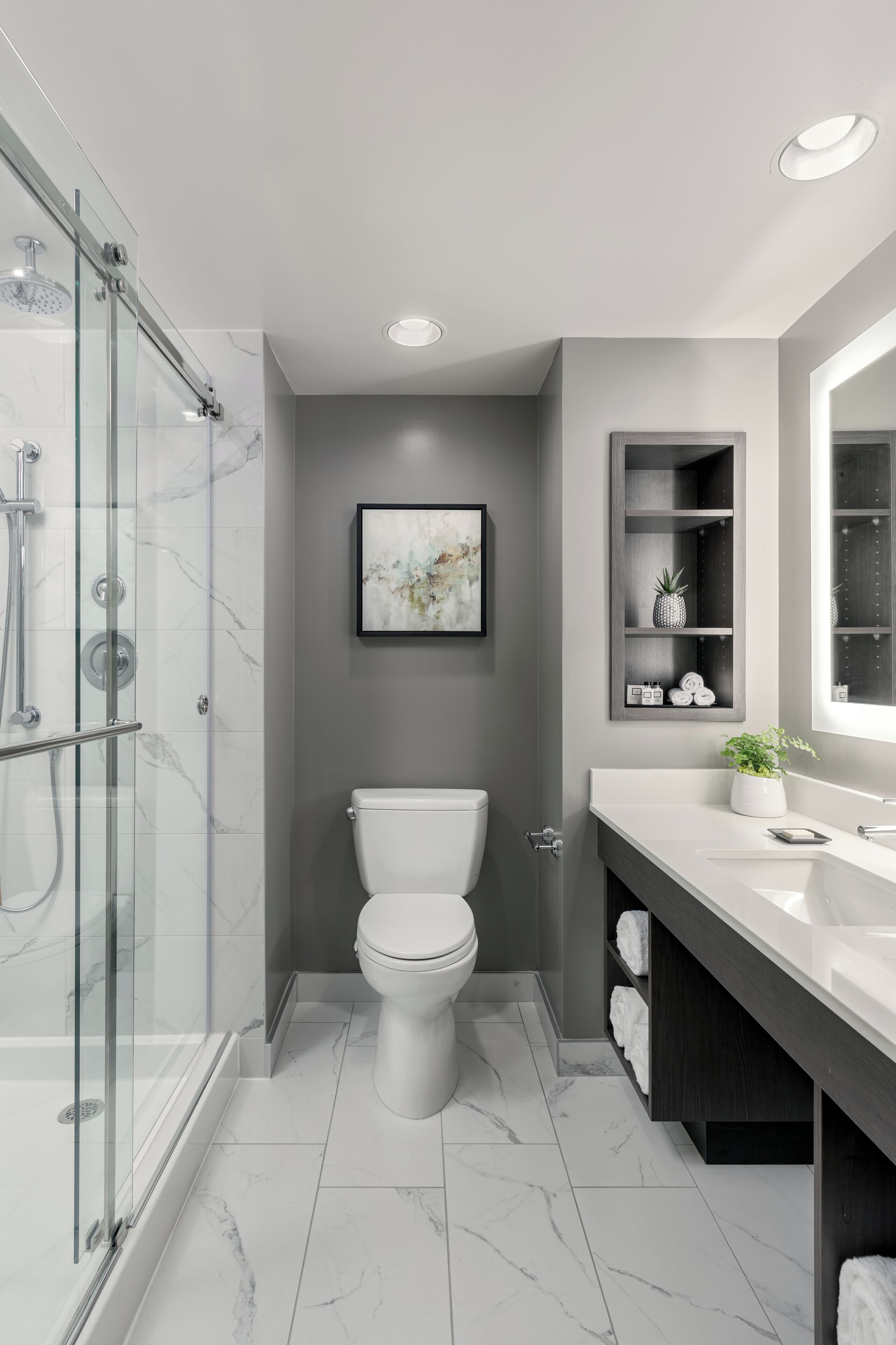 shower, designer toiletries, hair dryer, bathrobes