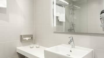 Shower, rainfall showerhead, eco-friendly toiletries, hair dryer