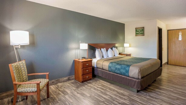 A hotel room with a bed, a chair, a nightstand, and a wall-mounted lamp. - Econo Lodge Cedar Rapids South (Cedar Rapids)