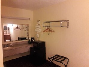 Desk, blackout curtains, soundproofing, iron/ironing board