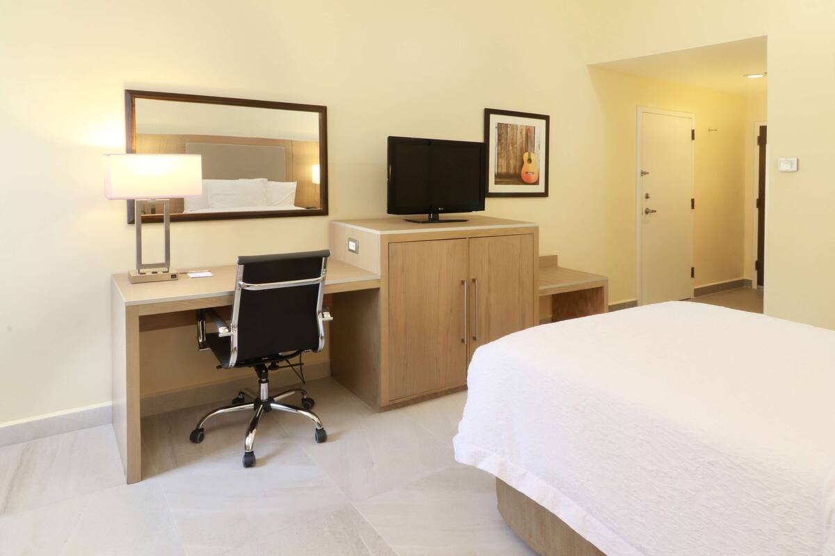 A hotel room with a bed, a desk with a chair, a television, a mirror, and a door.