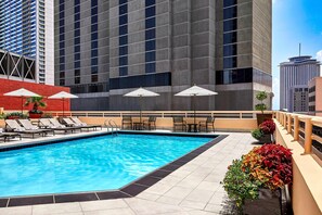 Outdoor pool, pool umbrellas, sun loungers